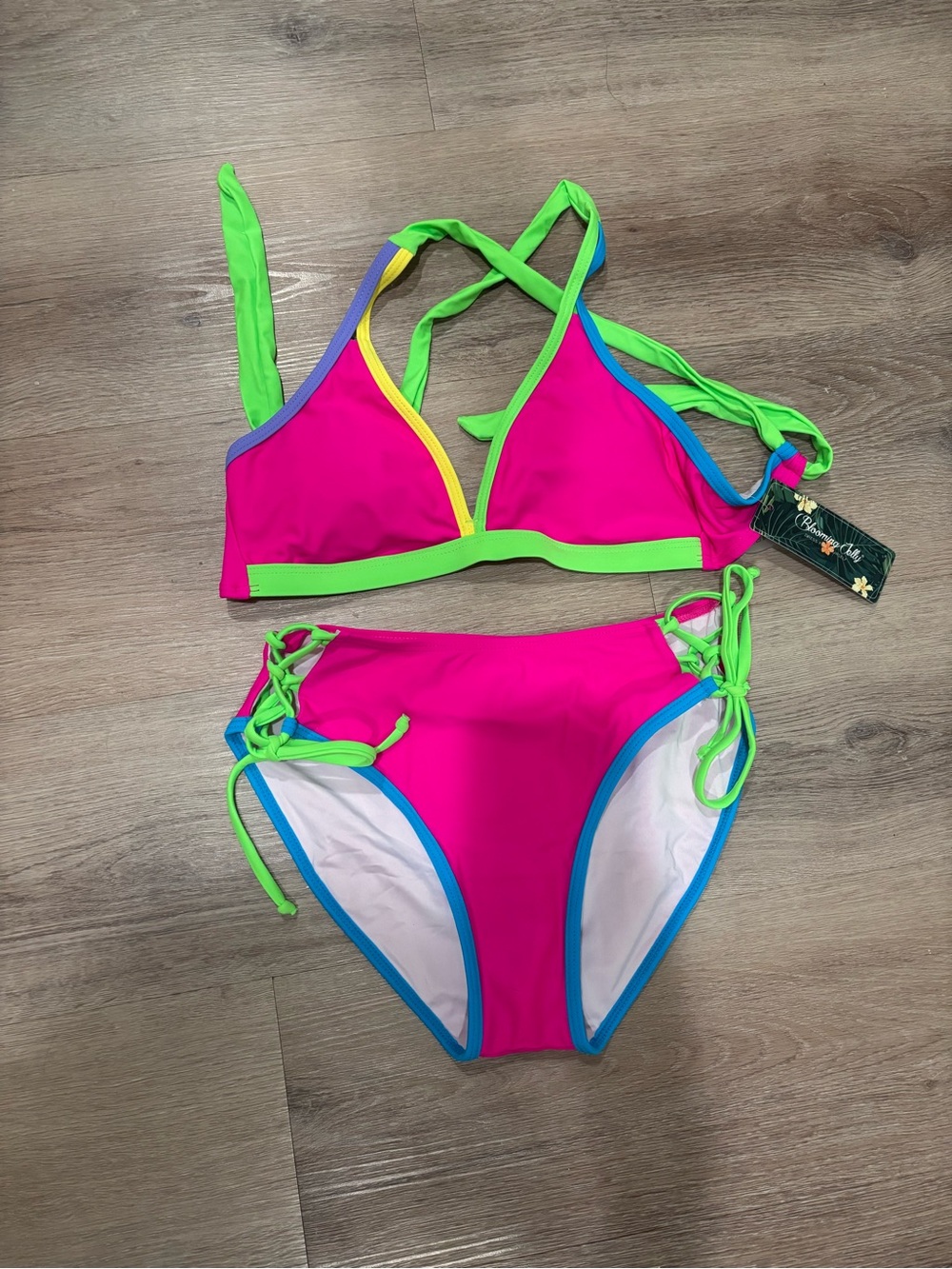 NWT Neon Pink Two-Piece Swim Set with Green Trim